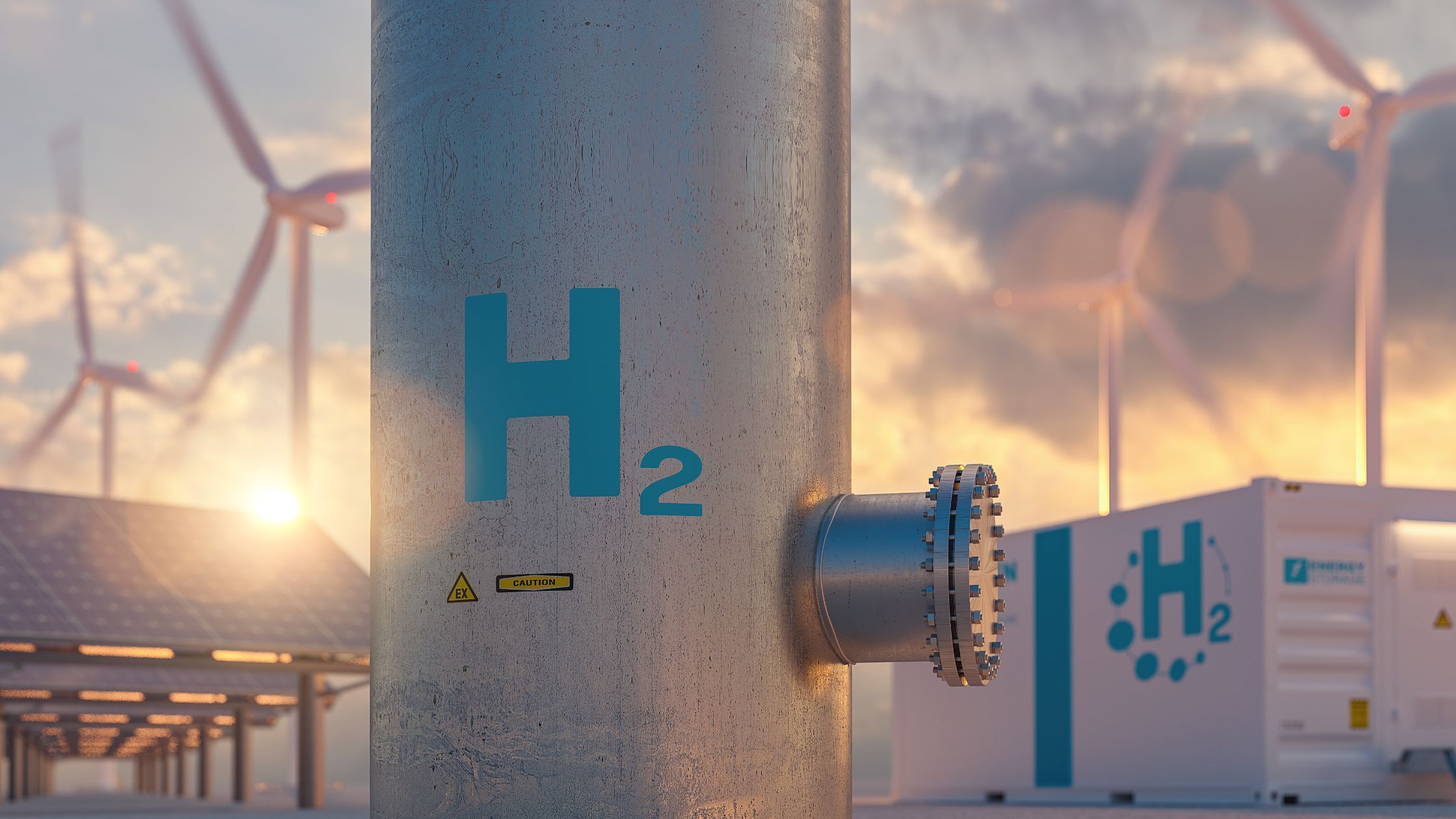 Hydrogen storage tank with solar panels and wind turbines in the background